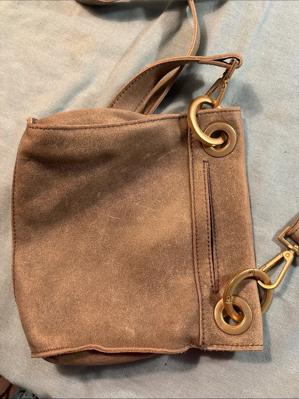 Hammitt Taupe Suede Crossbody with Gold Studs